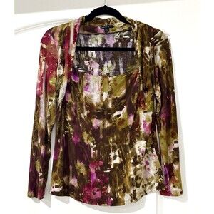 Lafayette 148 Top Medium Wool Blend Stretch Draped Square Neck Layered Artsy